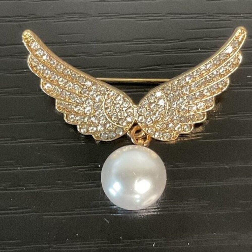 Gold Angel Wing Brooch With Rhinestones & Pearl Drop